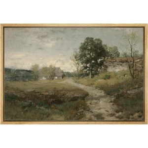 PixonSign Framed Canvas Print Wall Art Country Village Rustic Rural Landscape Nature Wilderness Illustrations Fine Art Farmhouse Floral Botanical Calm/Relax Cozy for Bedroom – 16″x24″ Natural