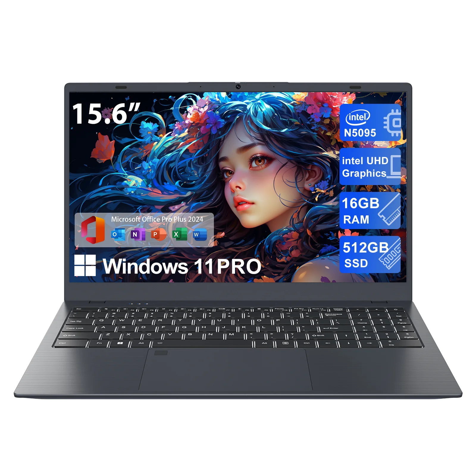 RNRUO 15.6" Windows 11 Pro Laptop, 16GB RAM 1TB SSD, Intel Celeron N5095 2.9GHz With Office 2024 Fingerprint Backlit Keyboard 1920*1080 IPS FHD Display for Student, Home Office, Business